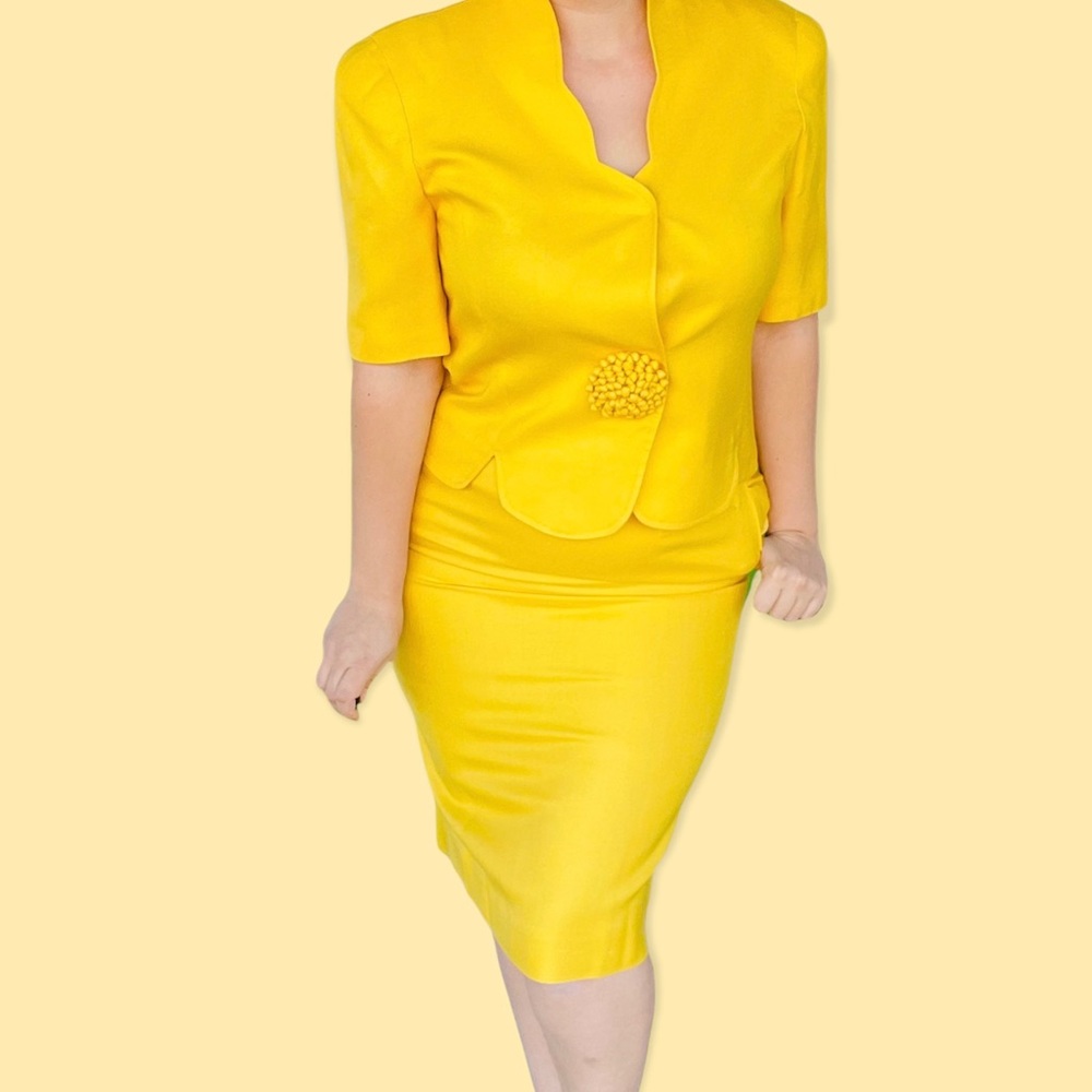 Vintage 70s Grossman bright yellow skirt suit with flower snap top retro set